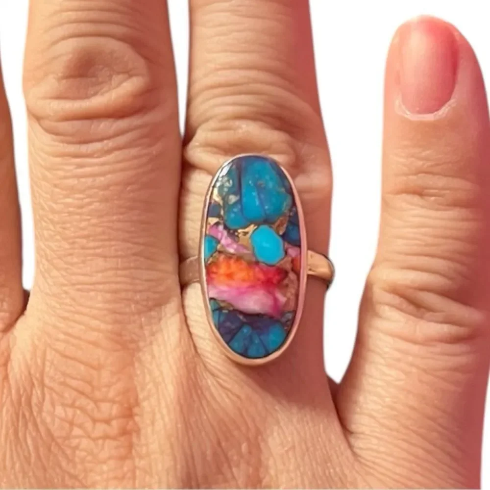 Artisan Sterling Silver Blue Turquoise Spiny Oyster Copper Ring Size 8